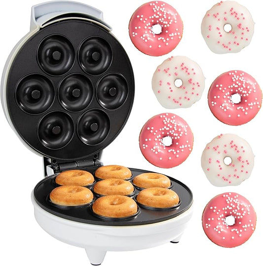 Mini Donut Maker- Electric NonStick Surface Makes 7 Small Doughnuts- Decorate Frost Ice Your Own for Kid Friendly Baked Dessert Treat- Cooking Activity for Adults, Easy Bake Gift, Galentine Brunch Fun