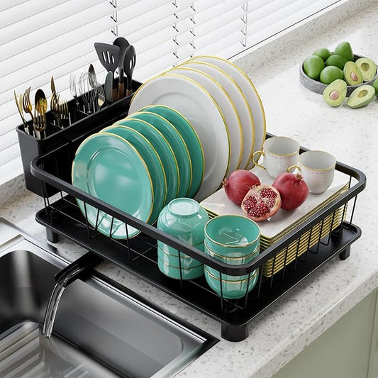 Dish Drying Rack - Space-Saving Dish Rack,Dish Racks for Kitchen Counter with Drainboard, Rustproof Dish Drainer with a Removable 4-Compartment Utensil Holder,Black