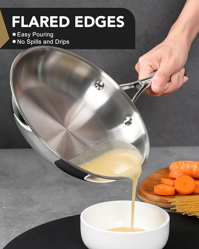 MICHELANGELO Stainless Steel Frying Pan Set with Lid, 8" 10" Cooking Pan set with Triply Base, Stainless Steel Skillet with Ergonomic Handle, Induction Compatible