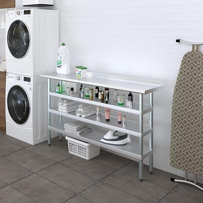 AmGood Stainless Steel Work Table with 1.5" Backsplash and 3 Shelves | Metal Kitchen Food Prep Table | NSF (60" Long x 14" Deep)