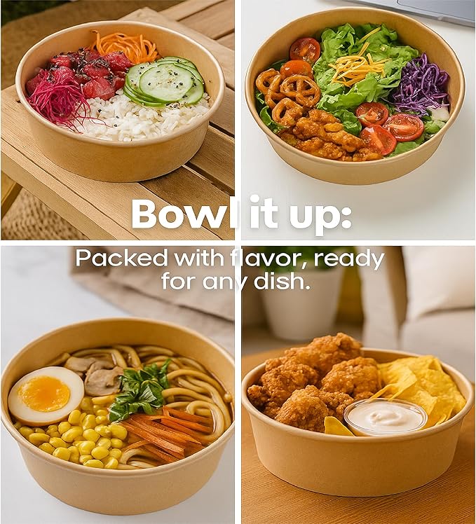 34oz Disposable Round Paper Bowls with Lid, 50 Sets Deli Container Box Spillproof Microwave & Freezer Safe, To Go Meal Prep Container for Lunch Work Meal, Sturdy for Picnic Camp Family
