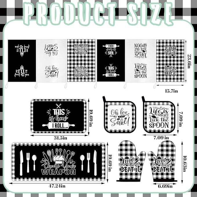 12 Pcs Checkered Buffalo Kitchen Oven Mitts and Pot Holders Black and White Dish Towels Farmhouse Kitchen Decor Accessories Set for Chef Baking Cooking Grilling BBQ Women Mom Gift