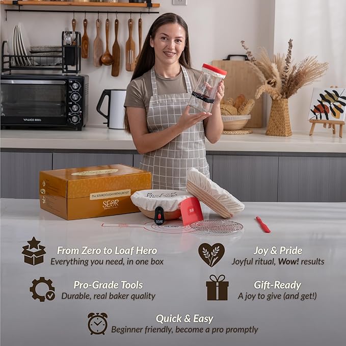 SEOR 8Pc Sourdough Starter Kit; Bread Baking Kit with Sourdough Starter Kit with Jar; Includes 2 Bread Proofing Baskets, Sourdough Tools & Baking Supplies for Artisan Loaves.