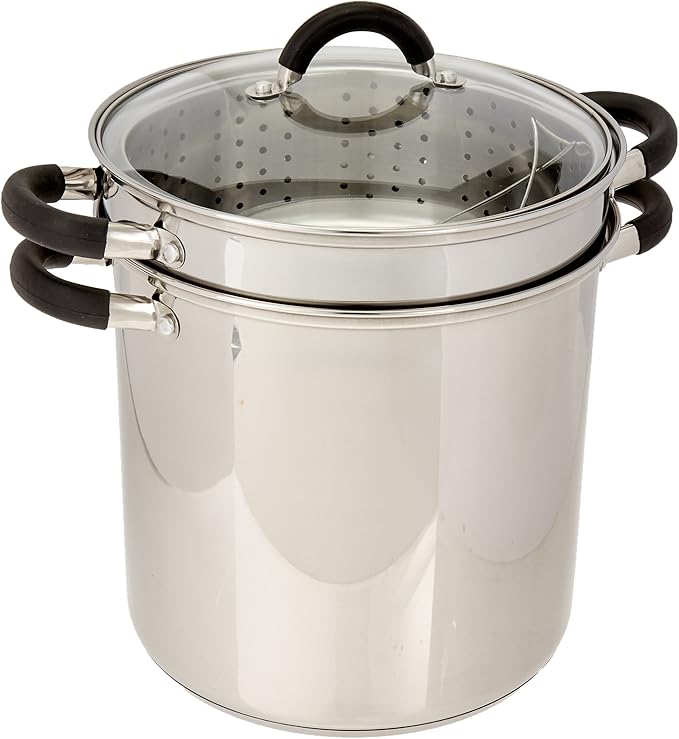 ExcelSteel 12 Qt Multifunction Stainless Steel Pasta Cooker with Encapsulated Base, Vented Glass Lid, and Riveted Silicone Covered Handles