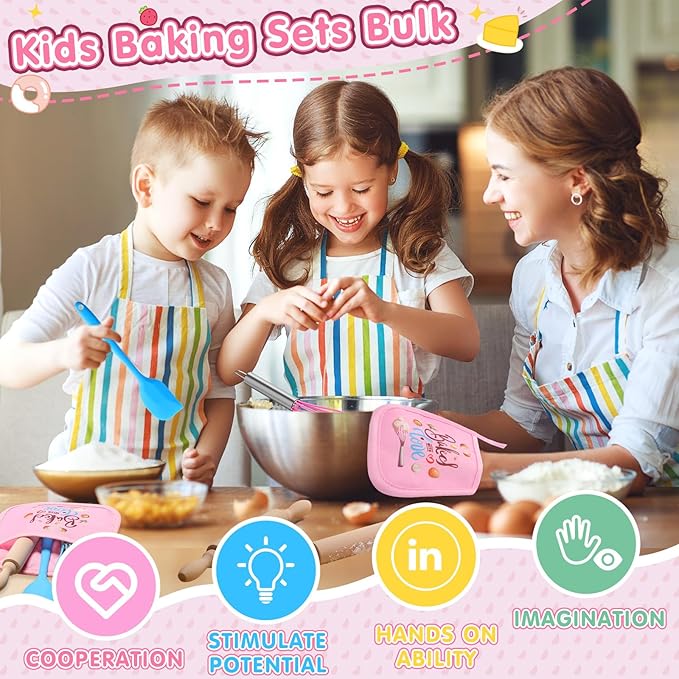 48 Pcs Kids Mini Baking Supplies with Kitchen Utensil, Pot Holders, Spatula, Rolling Pin, Whisk for Kids Classroom School Exchange Party Favors (Medium)