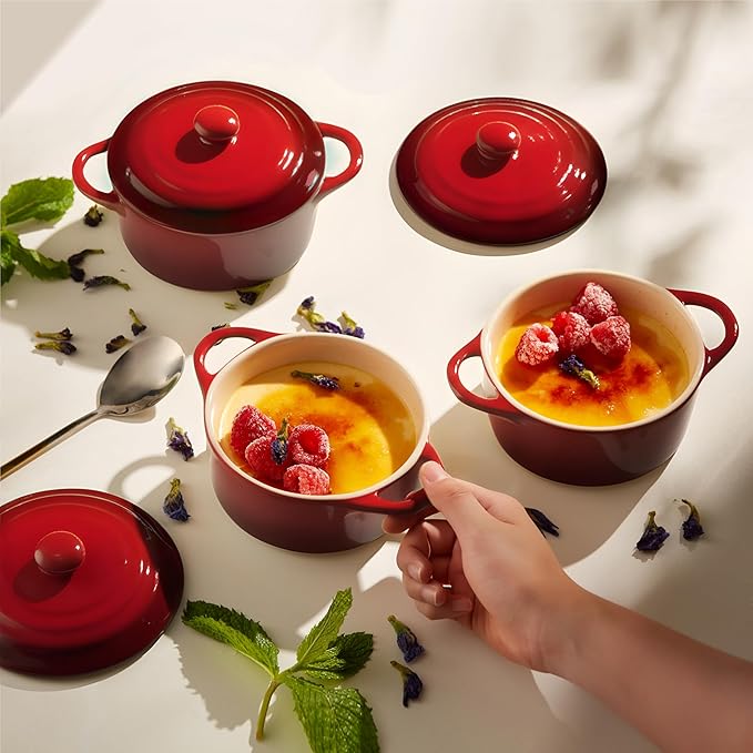 Kook Ceramic Mini Cocotte Set, Small Casserole Dishes with Lids and Handles, Individual Baking Ramekins, Oven safe 500F, Microwave & Dishwasher Safe, Stoneware, 12 oz, Set of 4, (Crimson Ombre)