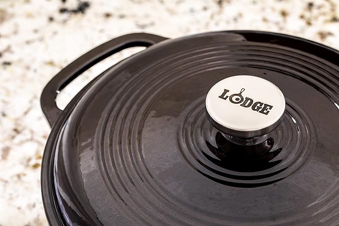 Lodge Essential Enamel Cast Iron Dutch Oven - Perfect for Bread Baking, Braising, Marinating & Slow Cooking - Features Moisture-Sealing Lid & Dual Handles - Kitchen Essentials - 6 Quarts - Midnight Chrome