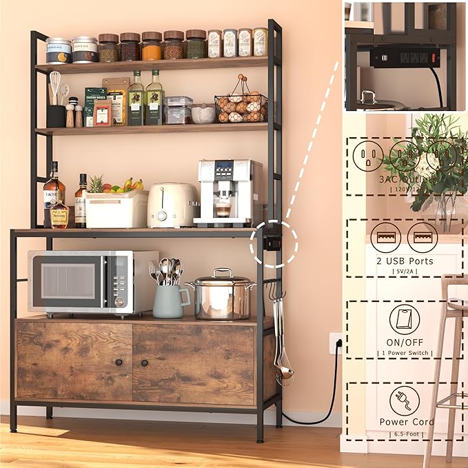 5-Tier Kitchen Baker’s Rack with Power Outlet,Large Bakers Rack with Storage Cabinet, Heavy Duty Oven Stand Microwave ,Free Standing Kitchen Utility Shelf with Storage,Shelf Organizer with Hooks