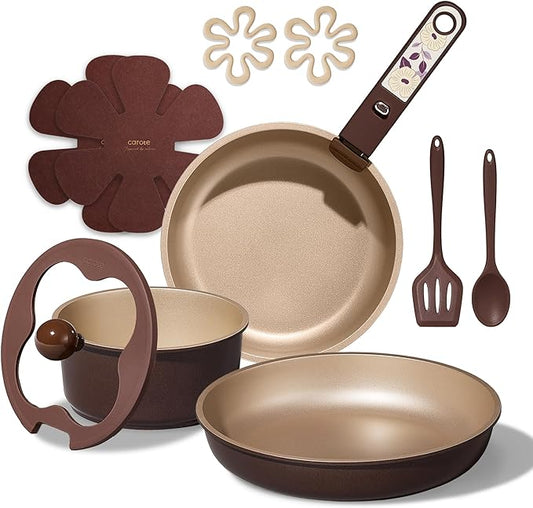 CAROTE 11pcs Ceramic Cookware Set, Pots and Pans Set Non stick, Induction Kitchen Cookware with Removable Handle, RV Dishwasher ＆ Oven Safe, RV/Camping Cookware, PFOA Free, Brown