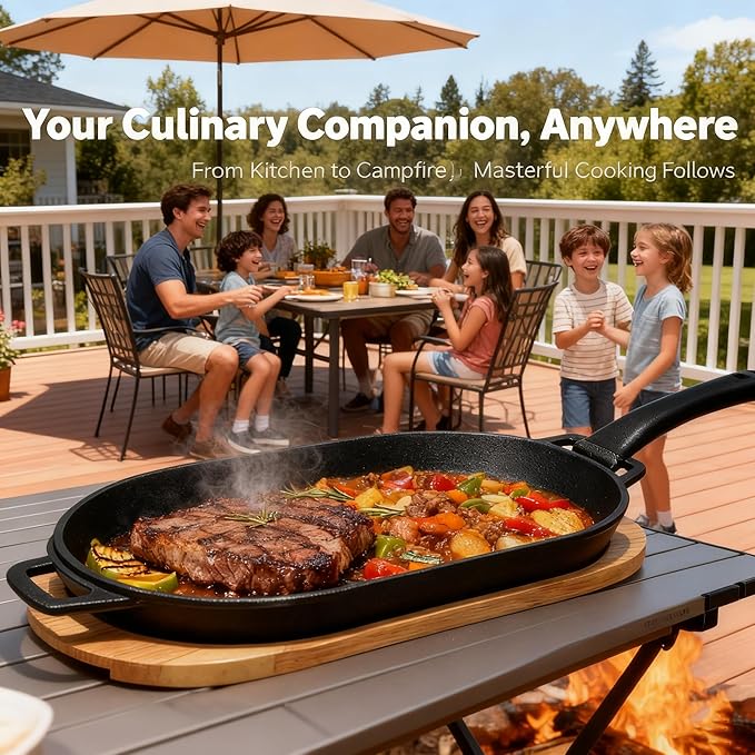 JIN BETTER GRILL PARTS New Skillet with Insulated Wooden Cushion and Removable Handle Compatible with Gas Cooktops and Grills