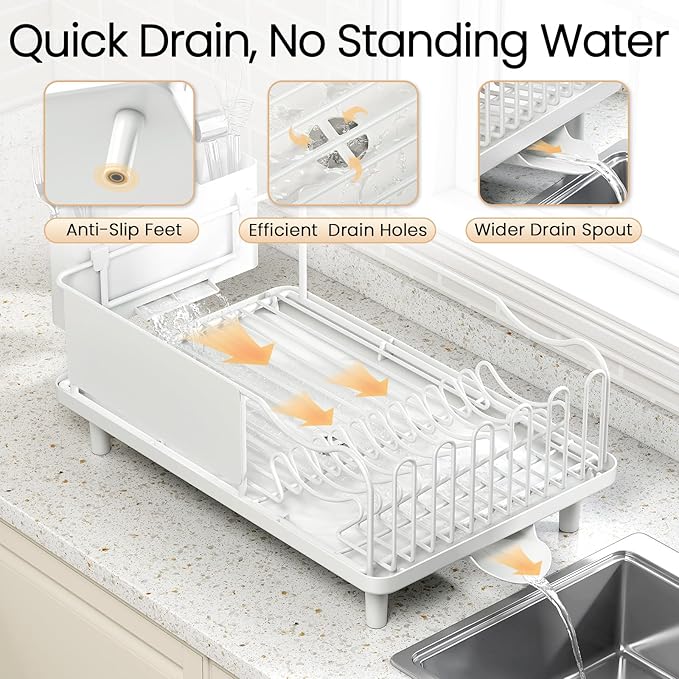 Dish Drying Rack Large Capacity - Stainless Steel Dish Rack for Kitchen Counter with Drain Board, Rustproof Dish Drainer with Auto Drain Spout, Utensil Holder & Glass Holder, Dinnerware Organizer