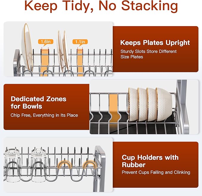 2 Tier Dish Drainers Drying Rack for Kitchen Counter Large Stainless Steel Dishes Drain with Drainboard, Space Saving, Big Modern Silver Countertop Metal Plates Dryer Strainer Holder and Extra Tray