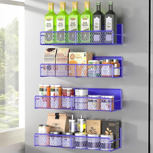 Magnetic Spice Rack for Refrigerator, 4 Pack 100% Metal Strong Magnet Fridge Shelves, Space Saving Spice Organizer, No Drilling Home Kitchen Laundry Room Storage Organization, Purple Blue