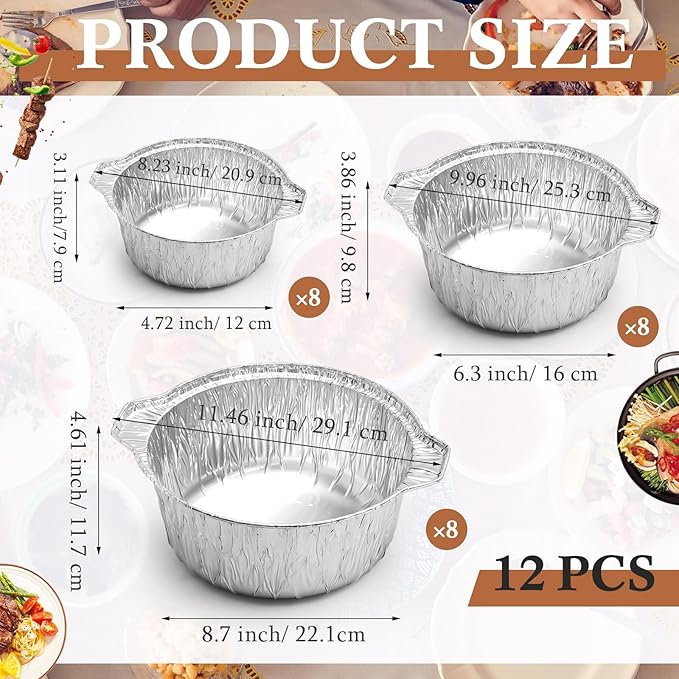 24 Pcs Disposable Aluminum Pot with Lid Round Foil Pans Disposable Cookware Food Container for Vacation Trips Camping Baking Heating Cooking (33.8,67.6,121.7 oz)