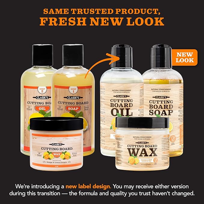 CLARK'S Cutting Board Oil (12oz), Wood Wax (6oz) and Cleaner (12oz) Set – Food-Grade Mineral Oil for Wood Cutting Board - Scented with Orange & Lemon Essential Oils - Made in USA