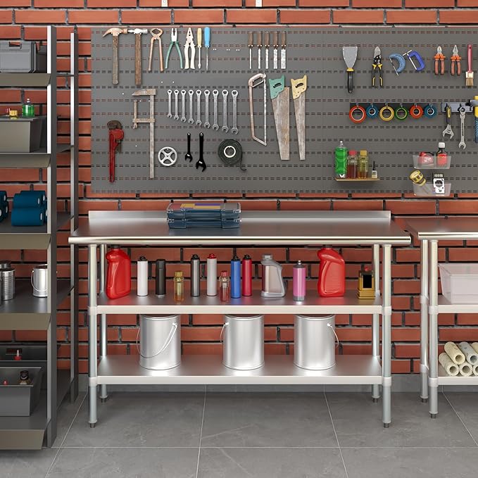 AmGood Stainless Steel Work Table with 1.5" Backsplash and 2 Shelves | Metal Kitchen Food Prep Table | NSF (60" Long x 18" Deep)