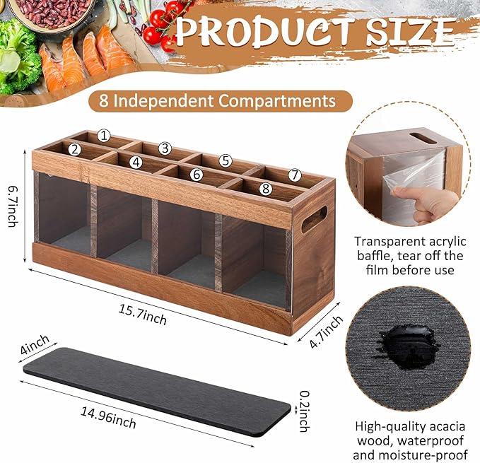 8 Compartments Large Kitchen Utensil Holder Organizer for Counter or Countertop with Absorbing Stone, Extra Large Acacia Rustic Wood Utensil Holder for Storage Cooking and Silverware