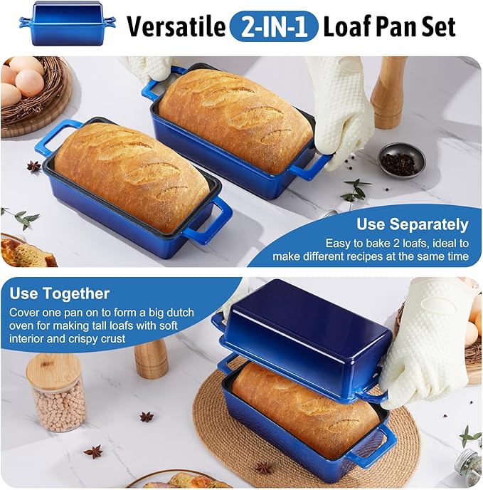 P&P CHEF 2-In-1 9 x 5 Inch Cast Iron Loaf Pan with Lid (Blue), Bread Loaf Pans for Baking Homemade Sourdough Bread, Meatloaf, Toast, Cake, Nonstick & Healthy & Sturdy, 2 Piece Set
