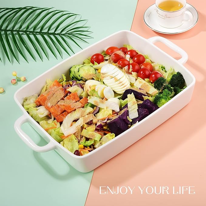 9 x13 Baking Dish Ceramic Lasagna Pan for Oven, Large Bakeware Tray Rectangular Casserole Dishes with Double Handle for Cooking and Daily Use -White