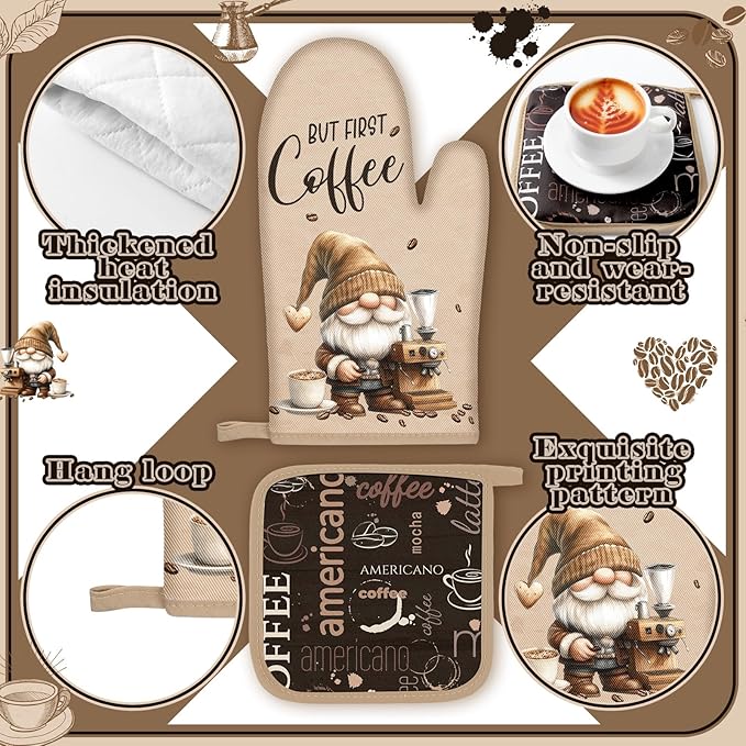 10 Pcs Coffee Kitchen Decor and Accessories Oven Mitts and Pot Holders Set Coffee Dish Towels Rugs Farmhouse Kitchen Decor Vintage Potholder Brown Gloves for Baking Cooking BBQ Women Mom Gift