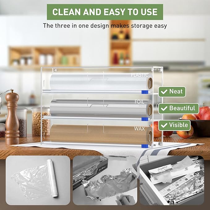 Kitchen Wrap Organizer, Foil and Plastic Wrap Organizer 3 in 1 with Sliding Cutter, Acrylic Wrap Dispenser for Drawer or Wall Mount, Fits 12 Inch Rolls