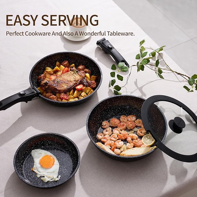 Nonstick Ceramic Cookware Set 21PCS with Detachable Handle, Pans and Pots Set, RV Kitchen Set Cookware Set, Pan Pots with Removable Handles, Oven Safe, Induction Ready(Black)