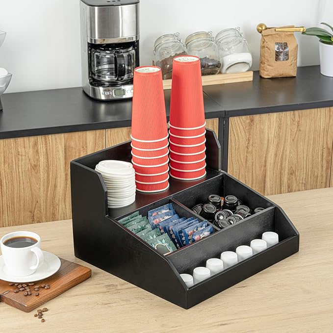 Restaurantware-15 x 14.25 x 9.25 Inch Coffee Condiment Organizer, 1 Countertop Tea Station Organizer - 3 Shelf, Heavy-Duty, Black Bamboo Coffee Bar Holder, For Breakrooms, Offices, or Homes,