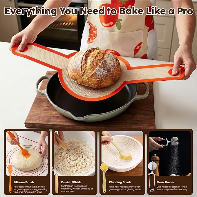 Complete Sourdough Starter Kit with 9" Round & 10" Oval Banneton Proofing Baskets, 22oz Glass Jar, Lame, Whisk, Scraper, Stencils, Slings, Rack, Mat & More – 23-Piece Professional Bread Baking Kit