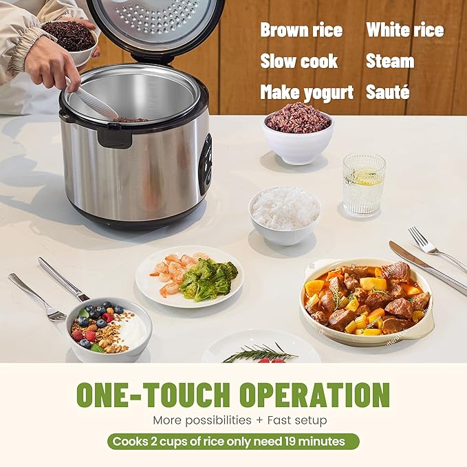 Electric Rice Cooker with One Touch for Asian Japanese Sushi Rice, 5-Cup Uncooked with Stainless Steel Inner Pot, Removable Inner Cover and Steamer, Silver