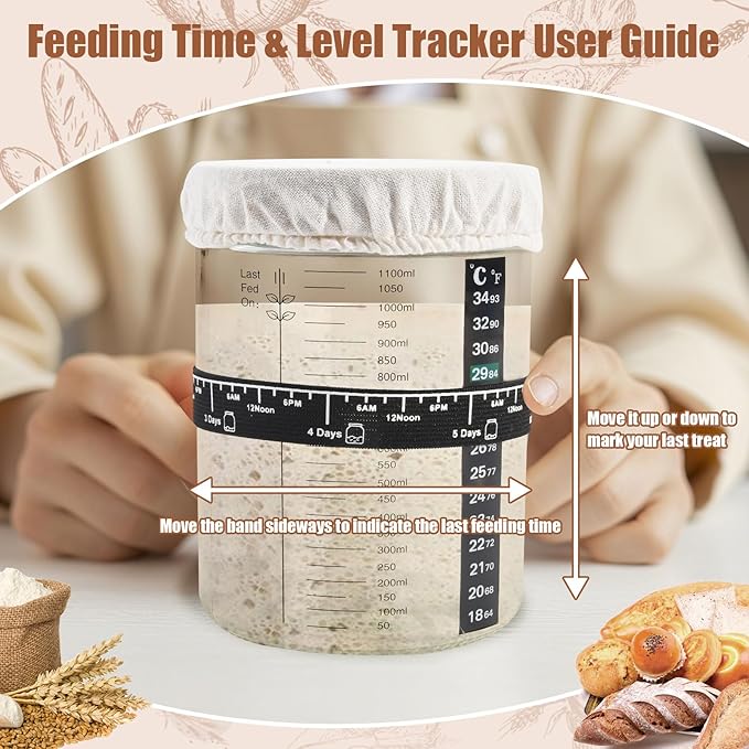 Sourdough Starter Kit, Sourdough Bread Baking Supplies with 40oz Jar, 10" & 11" Cotton Banneton Proofing Baskets Set - Artisan Bread Tools, Silicone Sling for Homemade Sourdough Baking