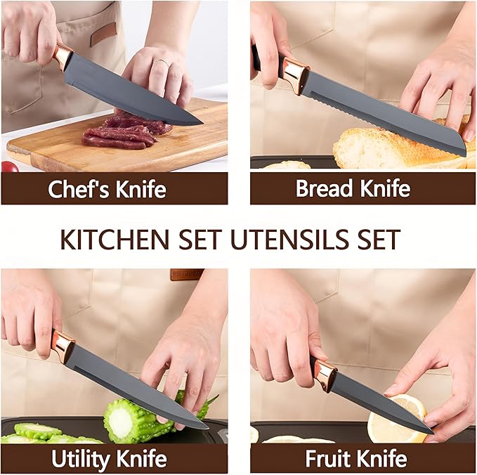Kitchen Utensils Set and Knives Set,19-in-1 Kitchen Knife Set Include 11 PCS Silicone Cooking Utensils Set 5 PCS Sharp Stainless Steel Chef Knives Scissors and Cutting Board