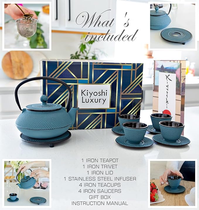 Large 11PC Japanese Tea Set "KONJOU Blue" Cast Iron Tea Pot 26Oz with 4 Tea Cups (2Oz each), 4 Saucers, Leaf Tea Infuser and Trivet. Ceremonial Matcha Accessories