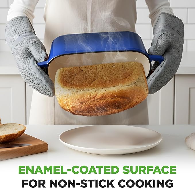 NutriChef 10" Enameled Cast Iron Bread Pan with Lid, Oval Loaf Dutch Oven with Silicone Gloves, Oven-Safe to 500°F, for Baking, Roasting, Stewing & More, Dishwasher Safe (Blue)