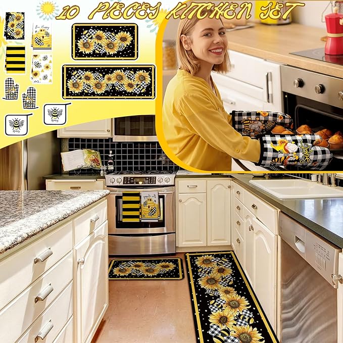 10 Pcs Bee Kitchen Decor Sunflower Oven Mitts and Pot Holders Set Yellow Bee Dish Towels Rugs Mats Buffalo Plaid Kitchen Accessories for Chef Baking Cooking Grilling BBQ Women Home Gift