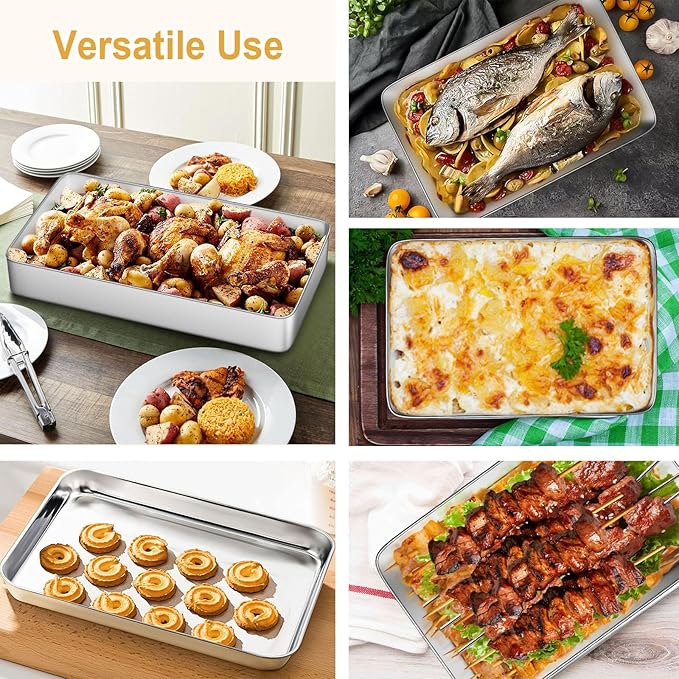 Stainless Steel Baking Pan with Lid, Set of 3 Large Cake Pan, 17/13/11 Inch Baking Sheet Lasagna Pan with Lid, Rectangle Sheet Roasting Pan, Cake Pans with Cover, Dishwasher Safe