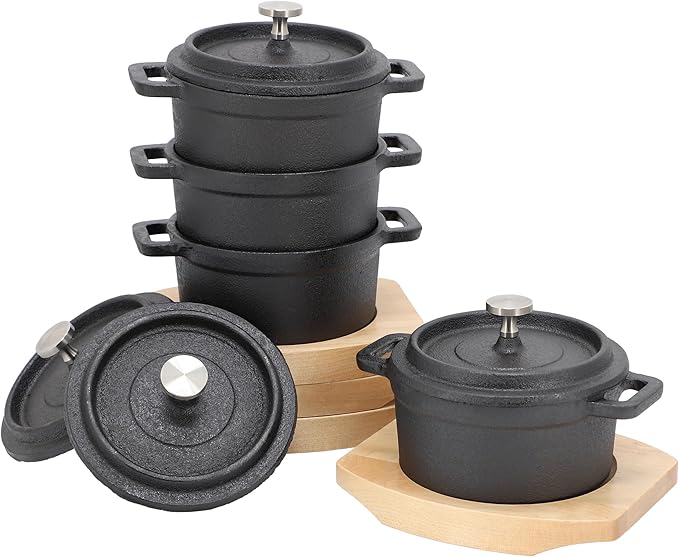 MegaChef Cast Iron 8 Ounce Mini Dutch Oven with Wood Tray, Cookware, Bakeware, Serveware (4 Piece)
