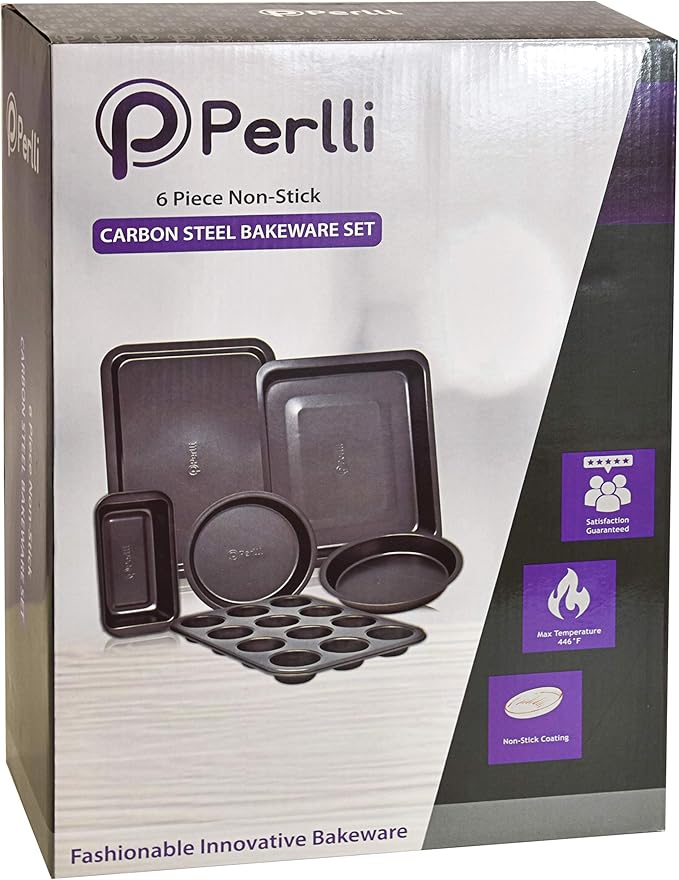 PERLLI Non-Stick 6-Piece Bakeware Set – Carbon Steel with Even Heat Distribution, Oven Safe to 446°F, BPA-Free, Dishwasher Safe, Stackable Baking Tools for Easy Storage and Everyday Cooking - Gray