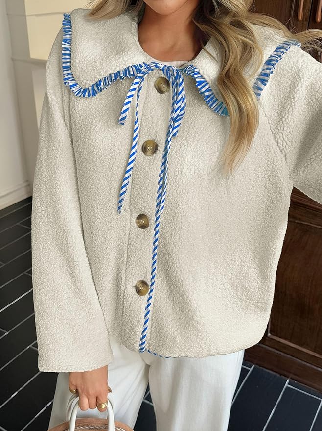 Tankaneo Womens Fuzzy Fleece Jacket Peter Pan Collar Button Down Fall Winter Sherpa Coats Colorblock Cute Warm Outerwear