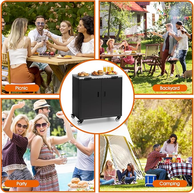 Outdoor Grill Table, Movable Grill Cart with Door, Outdoor Grill Stand with Large Capacity ＆ Hooks, 2 Tier Pizza Oven Table for Outdoor Use