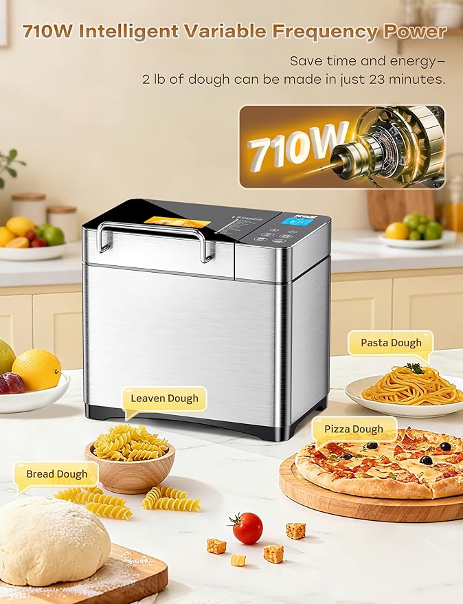 KBS Pro 710W 2LB Bread Maker, Stainless Steel 17-in-1 Smart Bread Machine with Healthy Ceramic Pan, Automatic Nut Dispenser, Tempered Glass Touch Panel, 3 Crust Colors, 15H Timer& Keep-Warm, Recipes