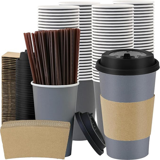 100 Pack 16 oz Disposable Coffee Cups with Lids and Sleeves, To Go Coffee Cups with Lids, Leak-Proof Hot Coffee Cups, PLA Gray Paper Coffee Cups for Hot Beverage
