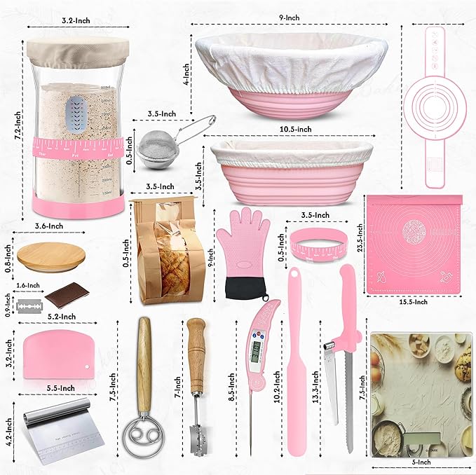 Sourdough Starter Kit – Sourdough Bread Baking Supplies – 41 Oz Starter Jar, 9″ Round & 10.5″ Oval Banneton Bread Proofing Baskets, Bread Making Tools Premium(Pink)