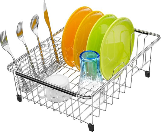 iPEGTOP Expandable Dish Drying Rack Over Sink, Rustproof Stainless Steel Dish Drying Rack Basket Shelf, Multifunctional Dish Drainer Organizer with Utensil Cutlery Holder