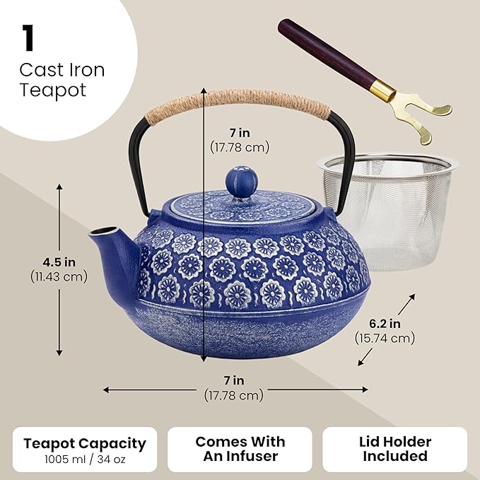Juvale Japanese Cast Iron Teapot with Infuser & Stovetop Tea Kettle - 34 oz, Blue - Heat Retention, Removable Lid & Fold-Down Handle
