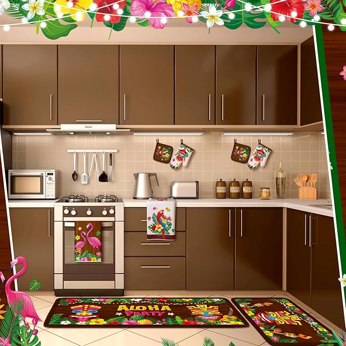 10 Pcs Hawaii Kitchen Towels Oven Mitts and Pot Holder Luau Aloha Kitchen Set Decor Flower Tropical Palm Rugs and Mats Parrot Flamingo Dish Towels for Summer Chef Baking Cooking Grilling BBQ