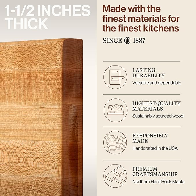 John Boos R-Board Series Rectangular Wooden Maple Cutting Board 18”x12” – 1.5” Thick, 10-lb Reversible Butcher Block with Edge-Grain & Finger Grips – Made in the USA