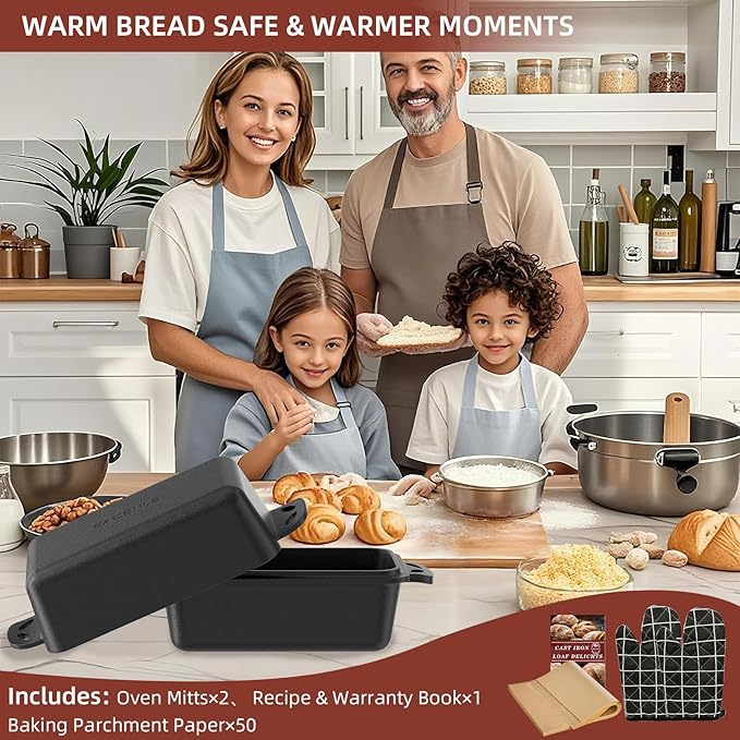 9×5 Inch Cast Iron Loaf Pan with Lid, 2-in-1 Bread Baking Pans for Homemade Bread, Pre-Seasoned | Even Heat Distribution, 2 Piece Set
