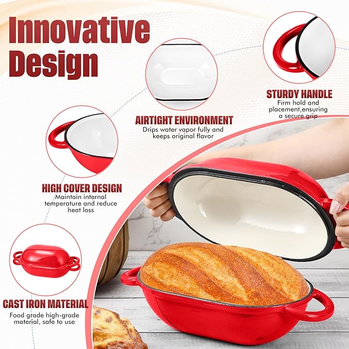 Maxdot 4qt Dutch Oven with Lid Enameled Cast Iron Sourdough Bread Pan for Baking Non Stick Single with Loop Handles for Family Homemade Breadbaking(Red)