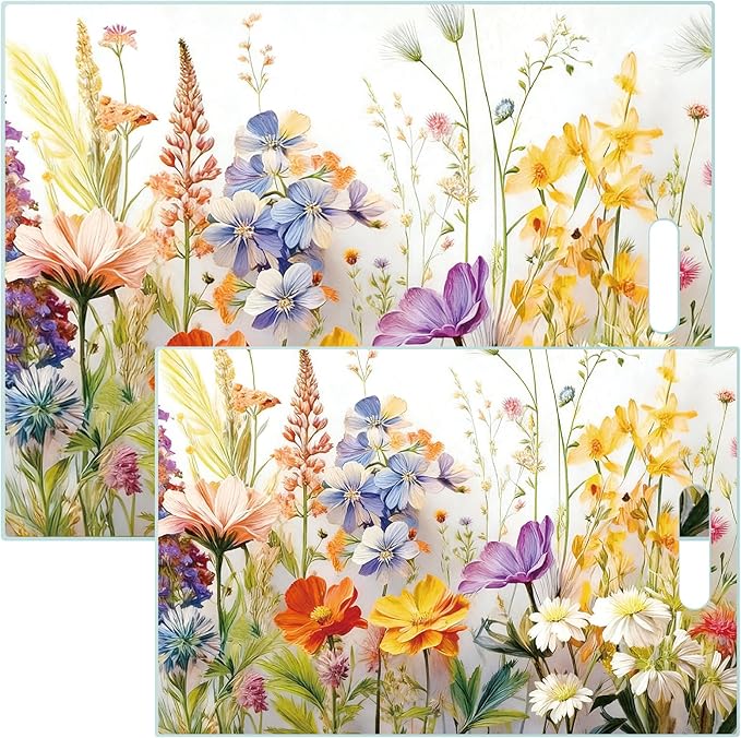 2 Pack Glass Cutting Board for Kitchen, Floral Pattern Tempered Glass Cutting Board with Handles Set Gifts Charcuterie Cheese Snack Boards Decorative, 16 x 12 Inches and 12 x 8 Inches
