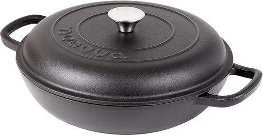 Cast Iron Dutch Oven with Lid – Non Stick Shallow Dutch Oven Pot, Oven Safe up to 500° F – Sturdy Cooking Pot – Enamelled Stockpot Cookware – Black, 3.7-Quart, 30cm – by Nuovva